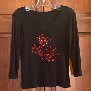 Dragon Pattern Red Swarovski Crystals Black Cotton Shirt - 3/4 Sleeve - Size M